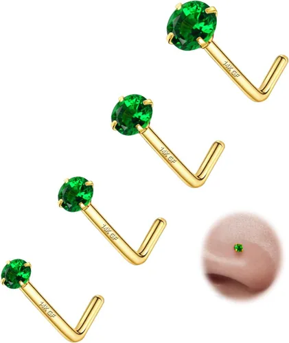 Miniatura 12 de 4 piezas de anillos de nariz de 20G bañados en oro de 14K para mujeres y hombres, anillos de nariz en forma de L, joyería hipoalergénica