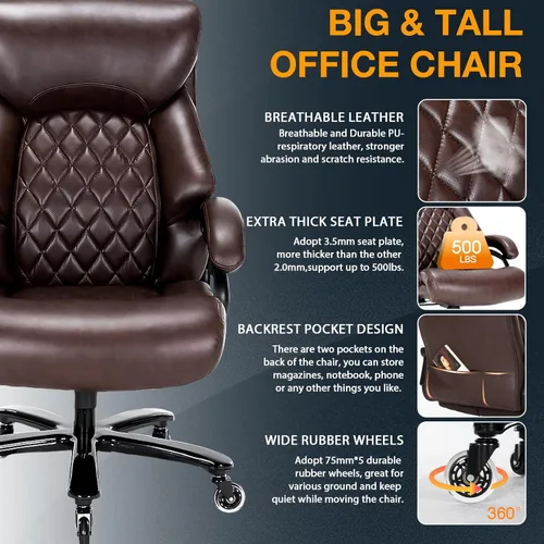 Miniatura 5 de Silla de oficina grande y alta para personas de gran tamaño, 500 libras de capacidad, respaldo alto, extra ancha, resistente, silla de oficina Marrón