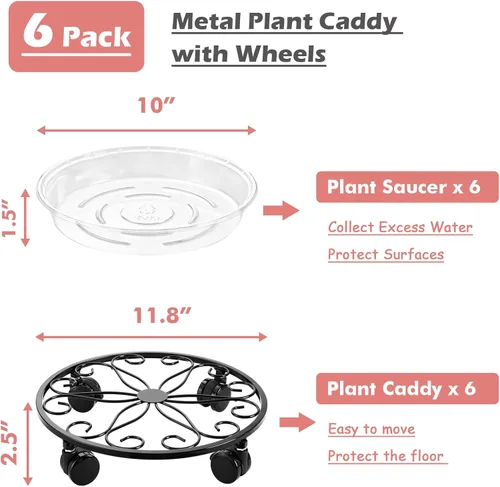 Miniatura 4 de Paquete de 6 soportes de metal para plantas con ruedas de 12 pulgadas con ruedas, soporte de hierro forjado resistente, rodillos para plantas