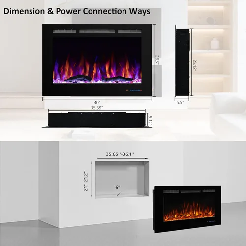 Miniatura 6 de Chimenea Eléctrica de 40 pulgadas de ancho, 26.5" de alto, Insertos de Chimenea Empotrados y Montados en la Pared, Llama Multicolor con Atenuador