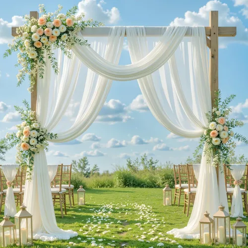 Miniatura 21 de Tela drapeada para arco de boda, 2 paneles de 18 pies, cortina de telón de fondo transparente azul bebé, cortina de gasa para boda, arco, ceremonia
