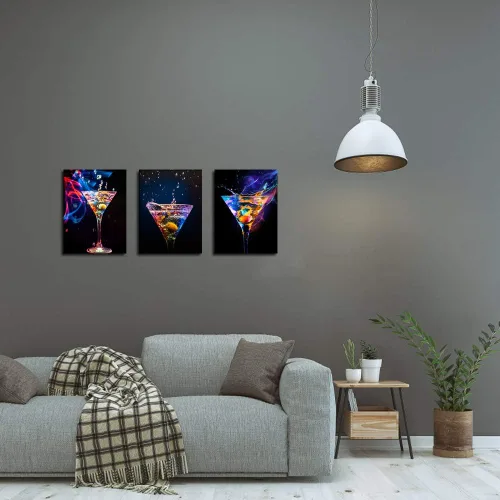 Miniatura 3 de Biuteawal - 3 piezas de arte de pared colorido vino espumoso, pintura sobre lienzo, bebidas de vino, impresión artística para decoración de fiestas