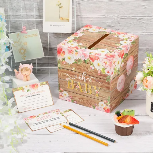 Miniatura 5 de Pajean Juego de 50 boletos y cajas para rifas de pañales florales, flores de acuarela, consejos y deseos para los futuros padres, accesorio