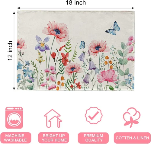 Miniatura 2 de Seliem Juego de 4 manteles individuales de flores de anémona de primavera, acuarela, rosa, floral, mariposa, comedor, decoración del hogar, cocina