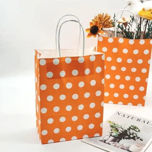 Miniatura 3 de JEYE Paquete de 12 bolsas de regalo de lunares naranjas con asa, bolsas de papel kraft de tamaño mediano a granel, bolsas de papel reciclables