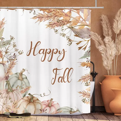 Tititex Happy Fall - Juego de cortinas de ducha con diseño de calabazas, hojas marrones tostadas, salvia, rosa, calabaza, trigo, Acción de Gracias,