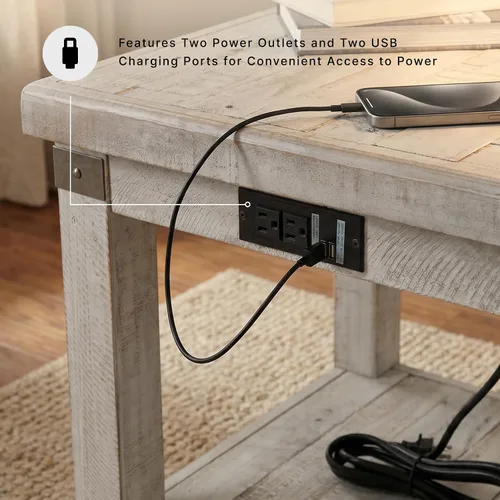 Miniatura 5 de Signature Design by Ashley Carynhurst Farmhouse - Mesa auxiliar rectangular con estante inferior, 2 tomas eléctricas y 2 puertos USB, madera, 24