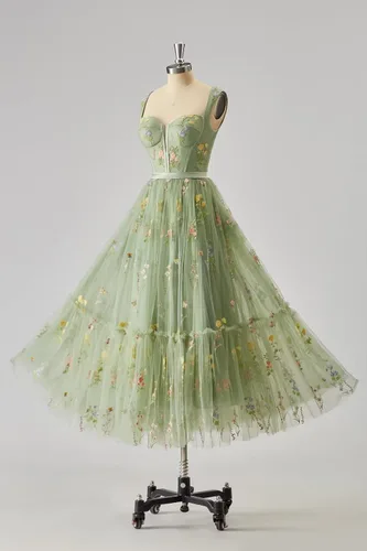 Miniatura 7 de Basgute Vestido de fiesta de tul con bordado de flores para mujer, corsé, largo, con tirantes delgados, de hadas, fruncido, formal, vestido de fiesta