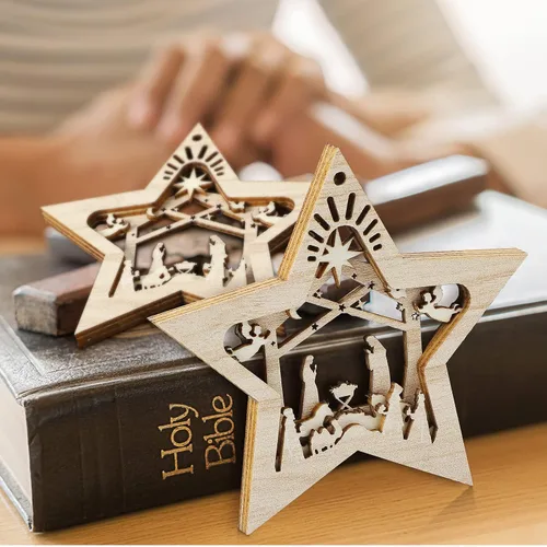 Miniatura 6 de Blulu Juego de 4 piezas de adornos navideños de escena de la natividad, set de regalo a granel, adorno colgante de madera cristiano 3D para árbol