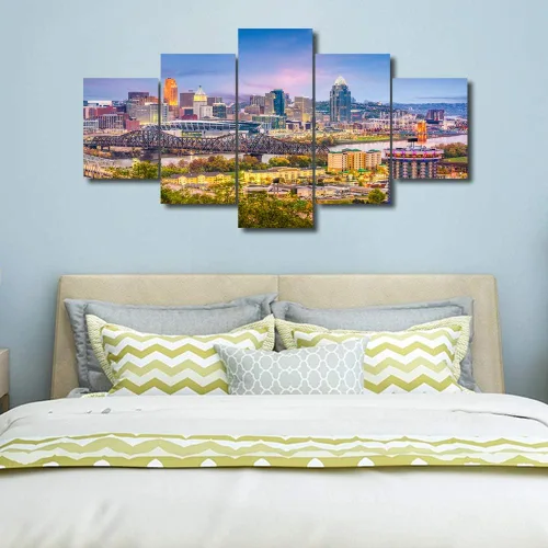 Miniatura 3 de TUMOVO Fotos en lienzo de Estados Unidos, Cincinnati, Ohio, Skyline at Dusk para tu sala de estar, impresiones de paisaje urbano de rascacielos