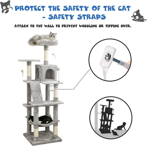 Miniatura 9 de MWPO Árbol para gatos multinivel de 63.8 pulgadas para gatos grandes con postes rascadores cubiertos de sisal, plataforma acolchada, hamaca