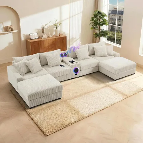 Miniatura 16 de MAKIAAP Sofá modular de pana de 83 pulgadas con altavoces, cómodo sofá biplaza de asiento profundo con otomana móvil, consola, cargador USB, Beige