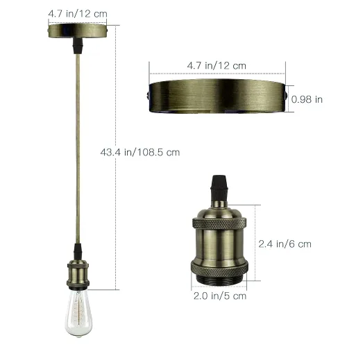 Miniatura 2 de Kit de lámpara colgante industrial vintage con soporte para lámpara E26/E27, cable de tela, rosa de techo y cable colgante en estilo retro moderno