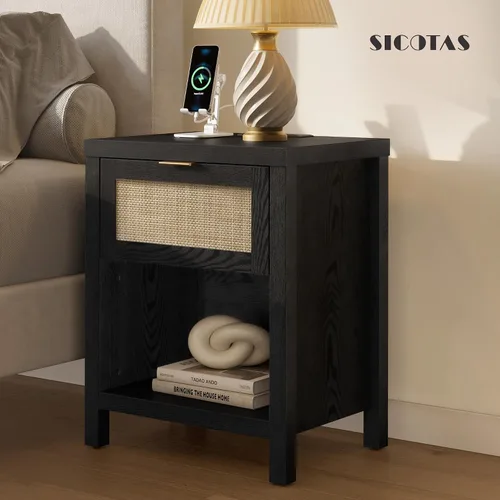 Miniatura 3 de SICOTAS Juego de 2 mesitas de noche negras con estación de carga, mesita de noche de ratán con cajón, moderna mesita de noche con puertos USB y tipo