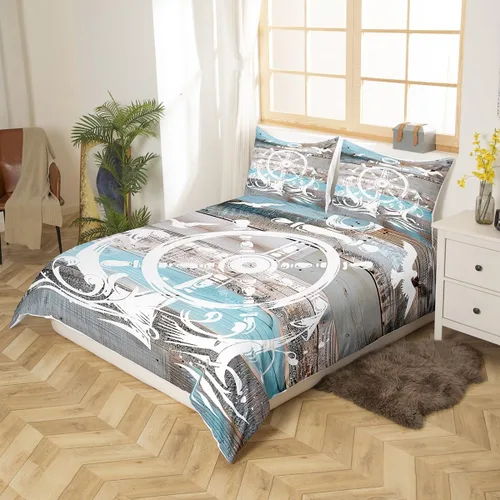 Miniatura 3 de Erosebridal Funda de edredón de ancla náutica, juego de ropa de cama con brújula oceánica, tamaño individual para niños, adolescentes, adultos