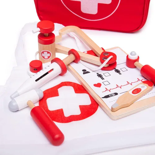 Miniatura 3 de Bigjigs Toys Juego de médicos para niños, juego de médicos de madera de 10 piezas con estetoscopio para niños, termómetro, medicina y más en estuche