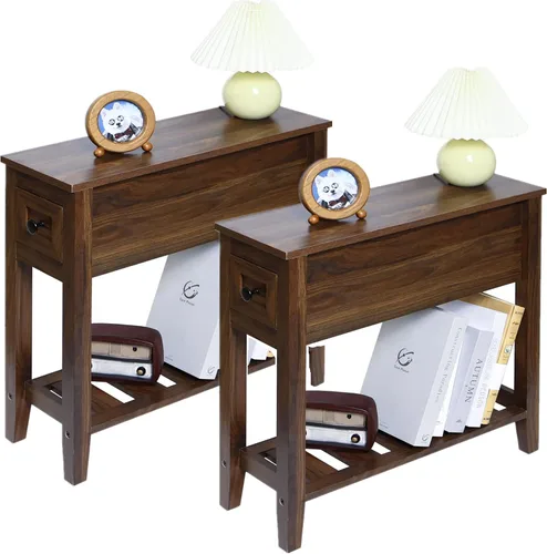 Paquete de 2 Mesas Auxiliares Estrechas de Cabecera con Cajón, Mesa Auxiliar Sólida para Sillón Reclinable con Estante de Almacenamiento, Mesita de