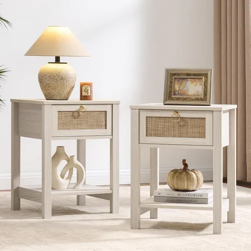 Miniatura 14 de SICOTAS Mesita de noche de ratán, cajón decorativo de ratán con perillas de latón, mesita de noche, mesa auxiliar bohemia con estante