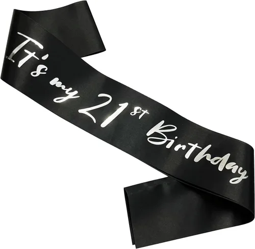Miniatura 11 de Banda de cumpleaños número 21, bandas suaves de satén rosa intenso con letra plateada con purpurina, decoraciones de cumpleaños para niñas, 21 rosa