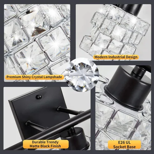Miniatura 4 de Lámpara de tocador de baño de 3 luces, lámpara de cristal sobre el espejo, negro mate y luces de pared interiores giratorias de cristal Pantalla