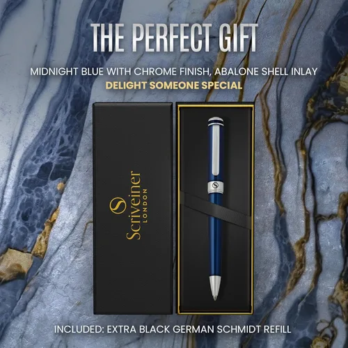 Miniatura 3 de Scriveiner Bolígrafo azul medianoche, impresionante bolígrafo de lujo lacado azul, acabado cromado, repuesto Schmidt negro, el mejor juego de regalo
