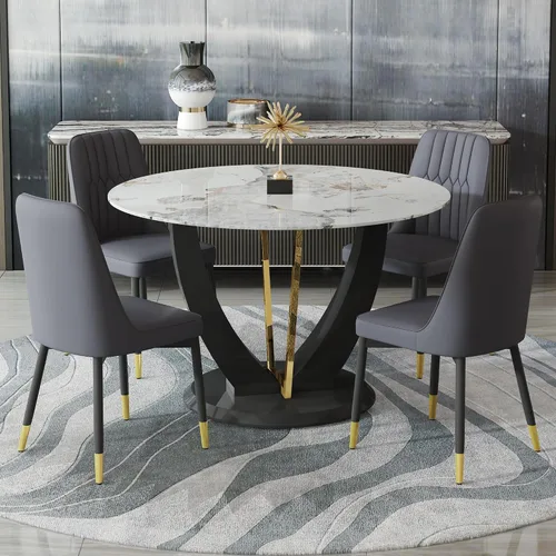 Miniatura 8 de JUFU Juego de mesa de comedor redonda para 4, mesa de comedor de 48 pulgadas con mesa de mármol sintético y 4 sillas tapizadas, moderno juego