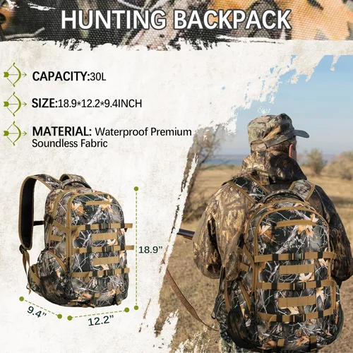 Miniatura 2 de Mochila de caza impermeable GoHimal 600D para hombres, paquete de caza camuflado con soporte para arco, 30 l., 30 L, Compacto