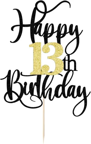 Miniatura 2 de Decoración para pastel de cumpleaños número 13 con destellos negros y dorados para tartas de 13 años, decoración para pastel de 13 años, decoración