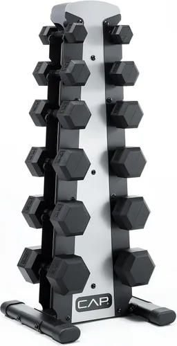 Miniatura 24 de CAP Juego de mancuernas hexagonales con revestimiento de goma con estante de almacenamiento, opciones de 100 a 210 libras, almacenamiento compacto