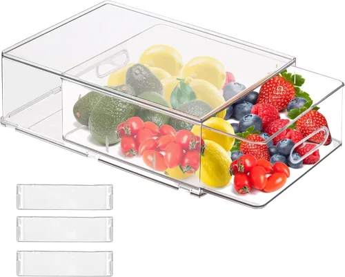 Miniatura 14 de Paquete de 2 organizadores de nevera y almacenamiento con cajón extraíble, cajones de almacenamiento apilables, organizadores de refrigerador