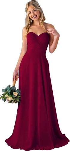 ZLQQ Vestidos largos de dama de honor para mujer, vestidos largos de gasa para boda, noche, vestido formal de graduación, Borgoña