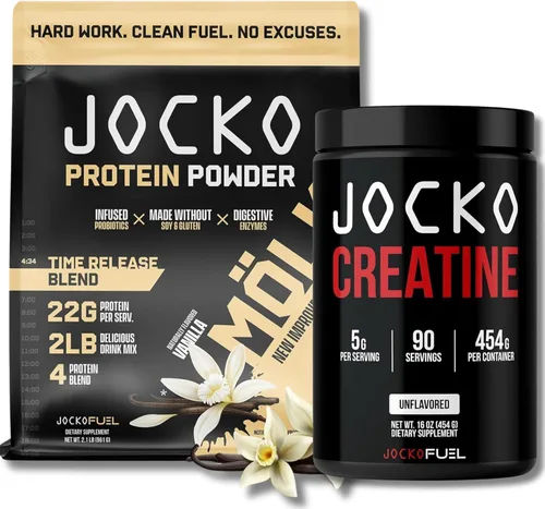 Jocko Fuel Paquete – Polvo de proteína de vainilla Mölk + polvo de monohidrato de creatina para hombres y mujeres – Paquete para rendimiento