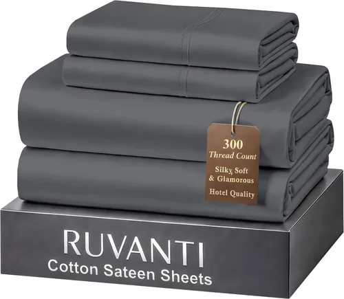 Miniatura 18 de RUVANTI Juego de sábanas de 100 % algodón tamaño matrimonial, tejido de satén suave y sedoso de 300 hilos, refrescante, ligero y transpirable, Beige