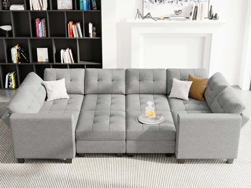 Miniatura 10 de Belffin Sofá cama modular de almacenamiento, sofá seccional con tumbonas anchas, sofá seccional convertible, sofá cama modular, cama gris claro