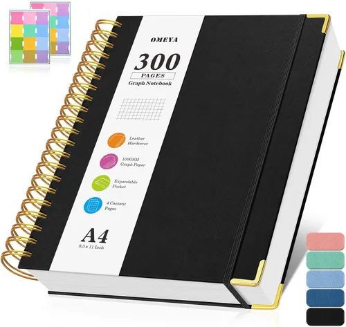 Cuaderno de papel cuadriculado, cuaderno de cuadrícula en espiral de 8.5" X 11", diario de cuero de tapa dura de 300 páginas, cuaderno de papel Negro