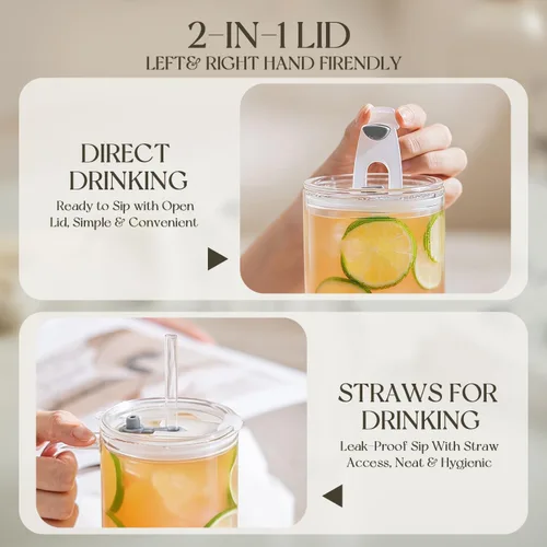Miniatura 8 de KEMORELA Paquete de 2 vasos de vidrio acanalado de 26 onzas con asa y tapa, grandes tazas de café helado estéticas con pajitas, tazas de vidrio