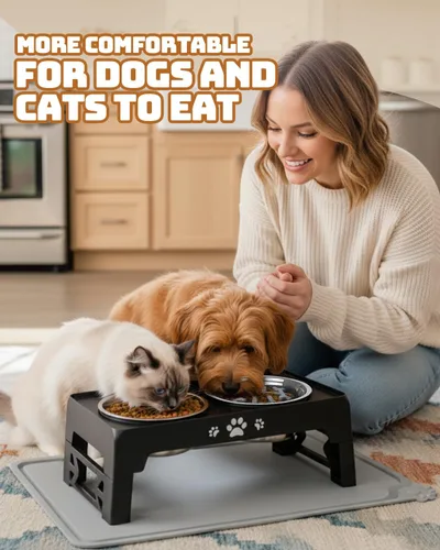 Miniatura 6 de Jovrun Cuencos elevados para perros y gatos pequeños con alfombra, cuencos antideslizantes para gatos con 1 plato de acero inoxidable y 1 cuenco