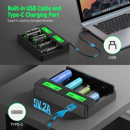 Miniatura 3 de HiQuick Baterías C recargables con cargador, cargador de batería universal LCD de 4 bahías para baterías Ni-MH Ni-CD AA AAA C D de 1.2 V