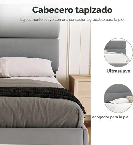 Miniatura 5 de GRUSIGN Base de cama de plataforma tamaño Queen con cabecera de terciopelo, soporte de listones de madera de altura ajustable, base de colchón Gris