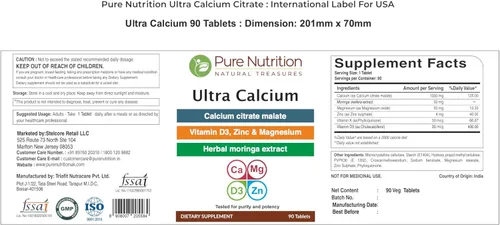Miniatura 6 de Pure Nutrition Ultra Citrato de calcio de 1000 mg suplemento de calcio altamente absorbible con malato de citrato de calcio, vitamina D, zinc