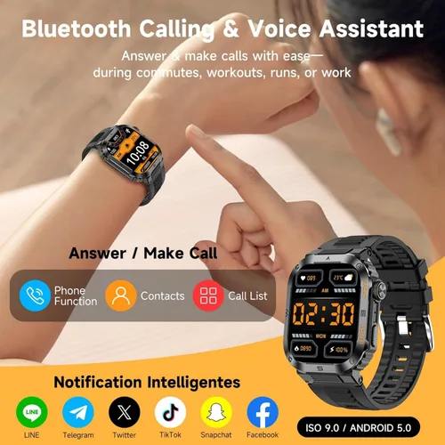 Miniatura 4 de Reloj inteligente militar para hombre, pantalla HD de 2.01 pulgadas, reloj inteligente para hombre, responder/hacer llamadas, IP68 impermeable, Negro