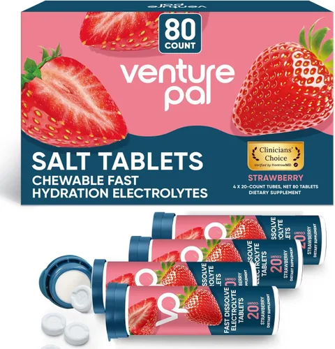 Venture Pal Tabletas de electrolitos masticables, 80 tabletas de sal de disolución rápida sin azúcar, sin gluten, paquete variado para hidratación