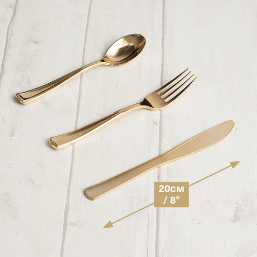 Miniatura 3 de MATANA - Juego de cubiertos de plástico dorado 180 (60 cuchillos, 60 tenedores, 60 cucharas), cubiertos de plástico dorado reutilizables a granel