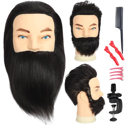 Miniatura 9 de Cabeza de maniquí masculino con barba, 100% cabello humano real, corte de pelo, cabeza de entrenamiento para cosmetología, cabello liso y grueso
