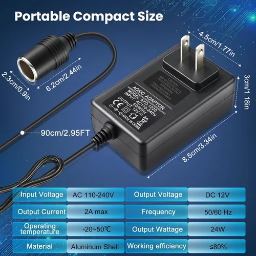 Miniatura 4 de Convertidor de 110V CA a CC 12V 2A 24W, adaptador de encendedor de cigarrillos a enchufe de pared 110-240V, adaptador de fuente de alimentación
