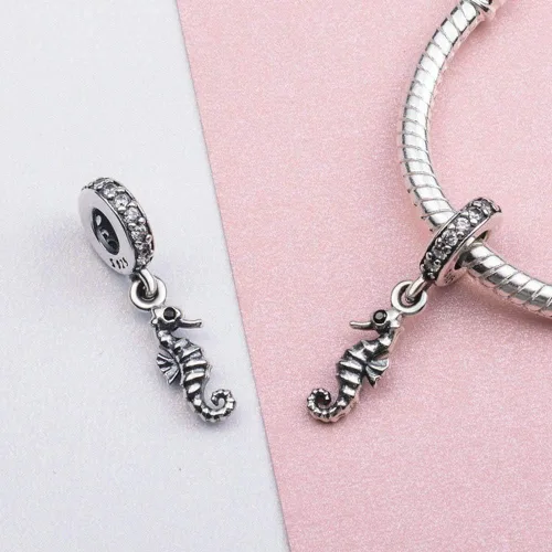 Miniatura 3 de Abalorio de caballito de mar de plata de ley 925 con diseño de animales, dije de aniversario para pulsera Pandora