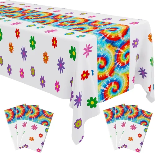 Oudain 6 piezas de decoración de fiesta de los años 70, mantel hippie para decoración de los años 60, cubierta desechable de plástico retro para