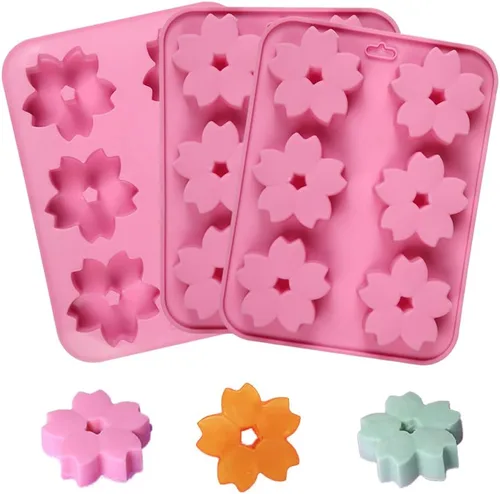 Moldes de silicona, 3 piezas de 6 cavidades Sakura flores en forma de moldes de cocina pastelería para hornear galletas, postres, bombas de grasa,