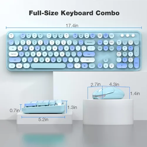 Miniatura 7 de KNOWSQT Combo de teclado y ratón inalámbrico, teclados lindos de tamaño completo estilo máquina de escribir 2.4G azul colorido - receptor USB Plug
