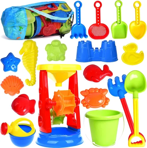 Juguetes de playa, juego de 19 piezas de juguetes de arena para niños, incluye rueda de agua, kit de herramientas de playa, cubos de regadera,